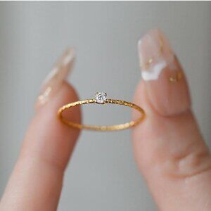 3/$35 Gold Dainty Textured Titanium Band Ring Solitaire Diamond Cubic Zirconia